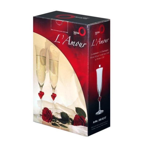 Poháre na šampanské L´Amour set 2 ks biele srdiečka (pieskovaný fľak)