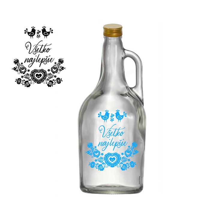 Fľaša Frucognac s uchom 1,75 l, plech uzáver+ Všetko najlepšie, farebné pieskovanie